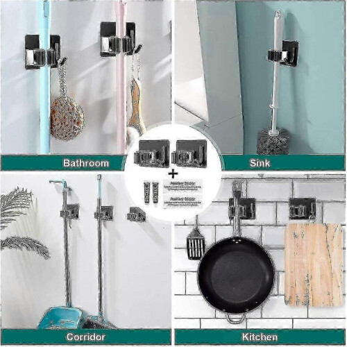 2pcs Wall Mounted Broom Holder(with Hook),stainless Mop Holder Rustproof No Extra Drilling(black) 2