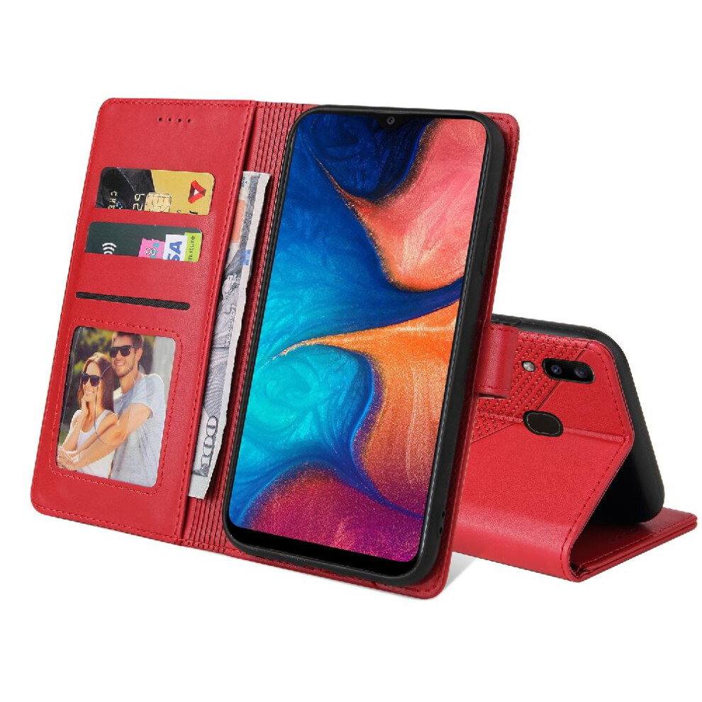(Red) Flip Case For Samsung Galaxy A20e Three Card Slots Premium Leather Kickstand Shockproof 4 Corner Protection Red 764563512157