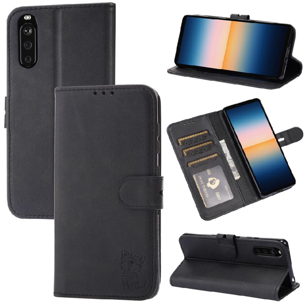 (Black) Wallet Case For Sony Xperia 10 Iii Card Holder Embossed Magnetic Closure All Round Protection Kickstand Black 764563512249