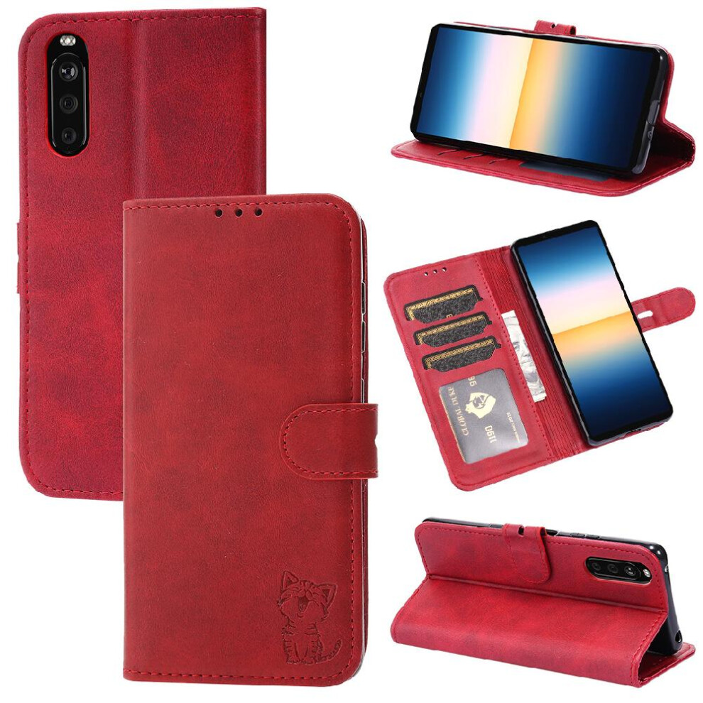 (Red) Wallet Case For Sony Xperia 10 Iii Card Holder Embossed Magnetic Closure All Round Protection Kickstand Red 764563512218