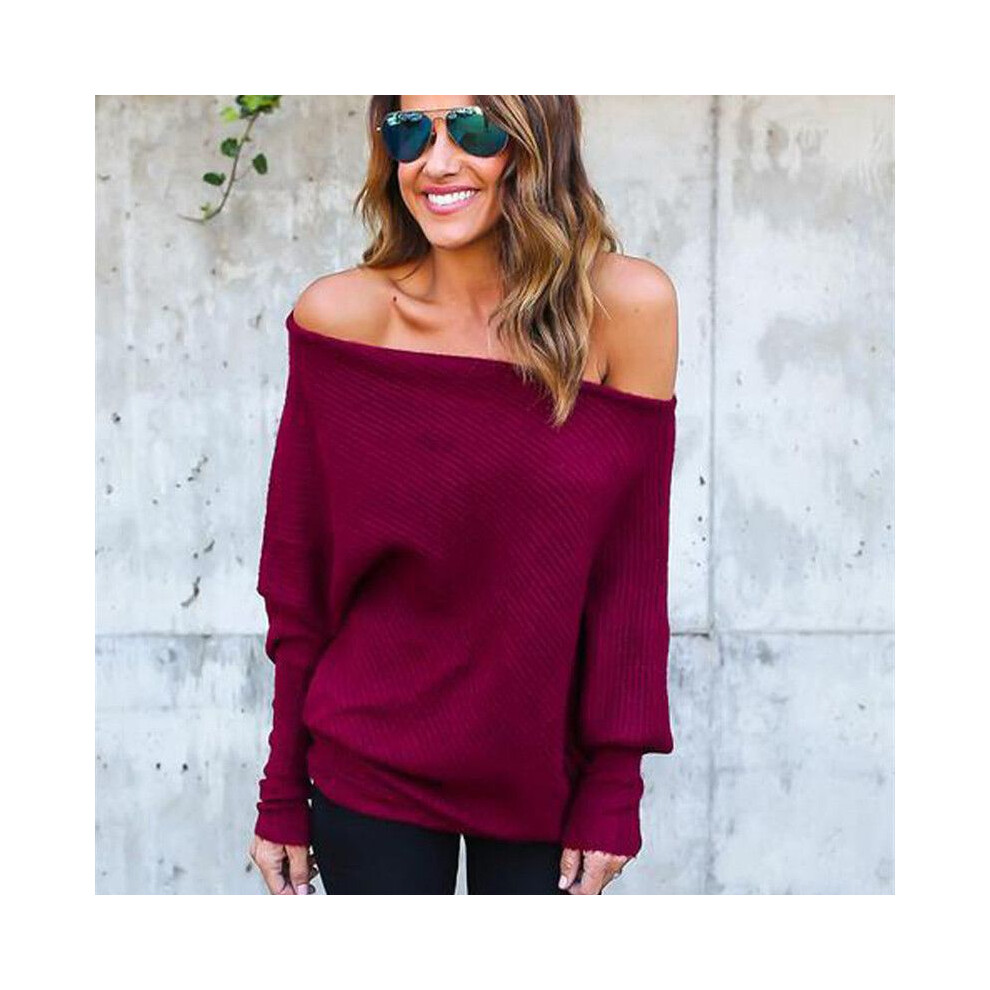 (Wine Red,Tag 3XL=US XL)Pull femme épaules dénudées grosse maille pull femme oversize baggy top