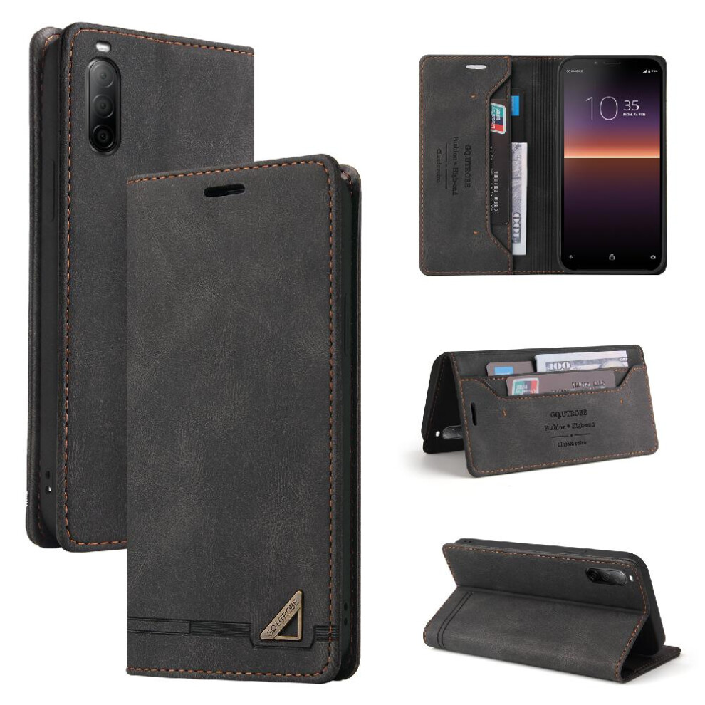 (Black) Case For Sony Xperia 10 Ii Premium Leather Kickstand Premium Leather Two Card Slots Black 764563513123