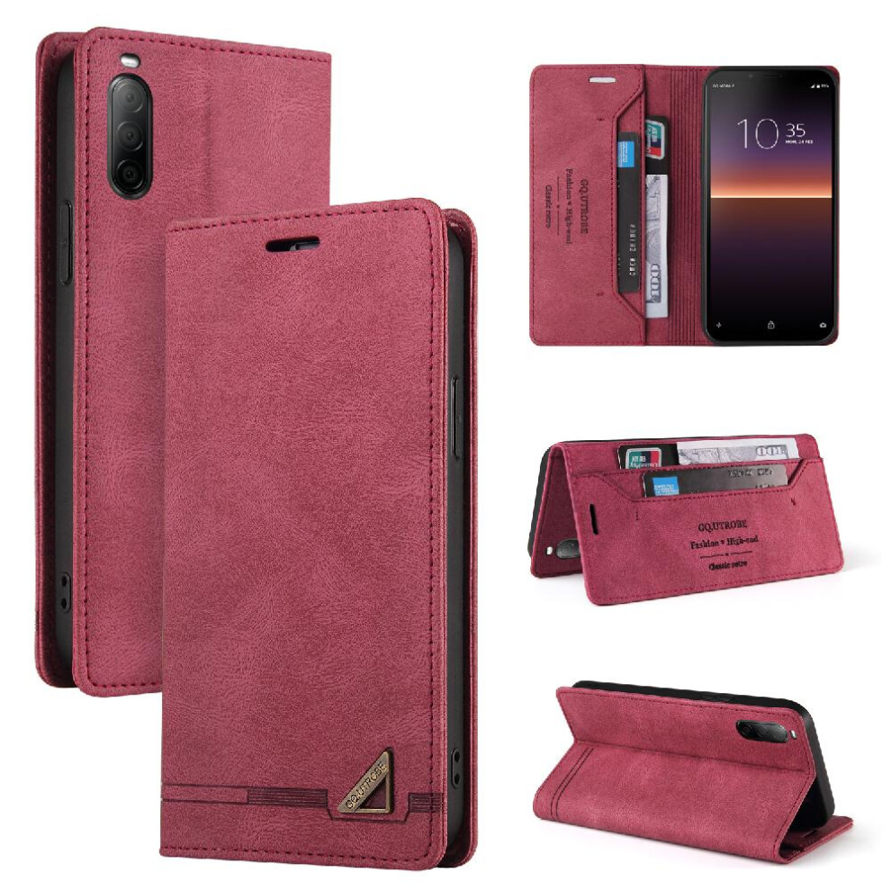 (Red) Case For Sony Xperia 10 Ii Premium Leather Kickstand Premium Leather Two Card Slots Red 764563513130