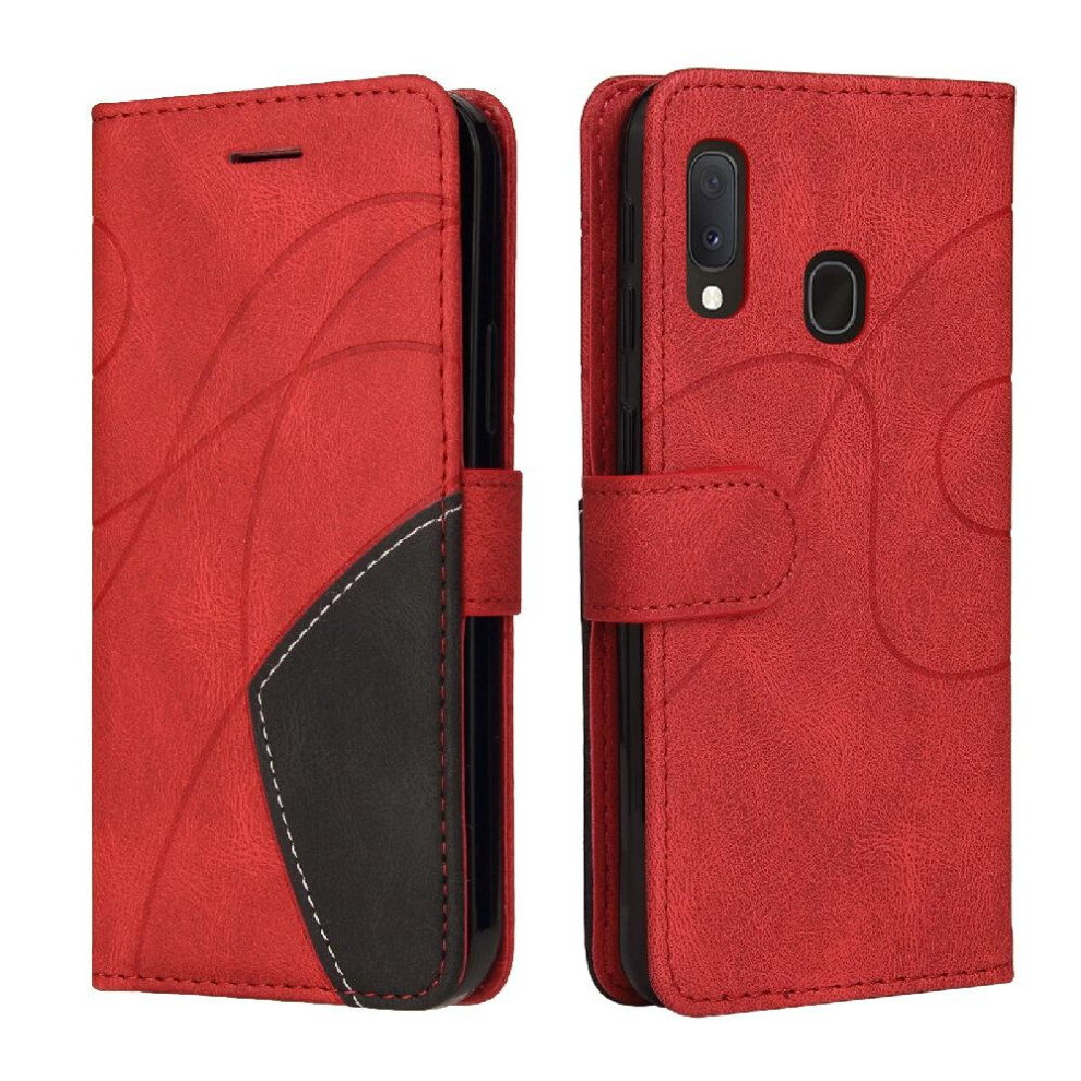 Photos - Case   For Samsung Galaxy A20E With Card Slot Stand Kickstand Protective PU Leather Flip Folio  Two-color Stitching(Red)