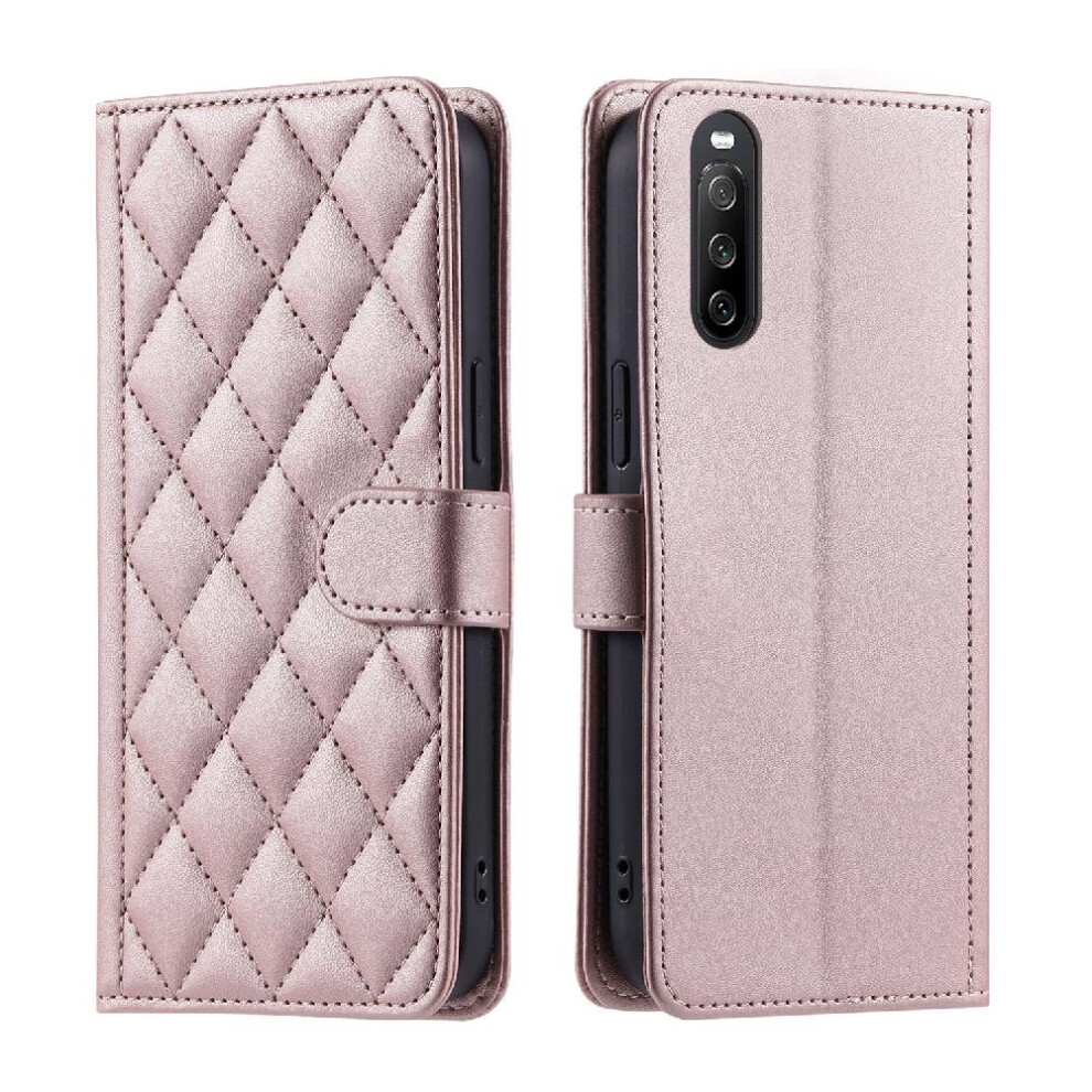 (Pink) Phone Case For Sony Xperia 10 Iii Magnetic Hand Strap Lattice Flip Folio Wallet Card Slots Holder Pink 764563513505
