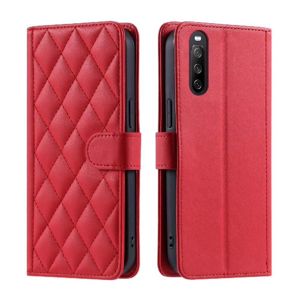 (Red) Phone Case For Sony Xperia 10 Ii Hand Strap Card Slots Holder Magnetic Lattice Flip Folio Wallet Red 764563513611