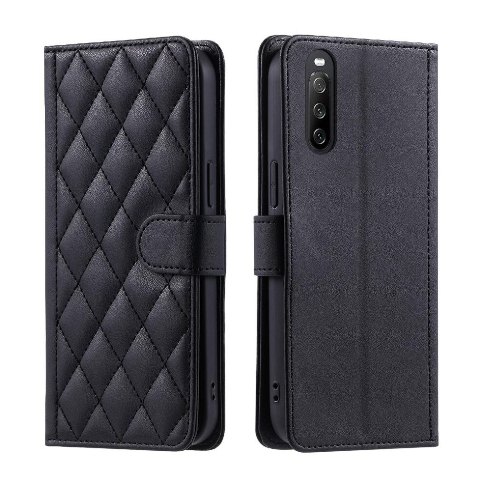 (Black) Phone Case For Sony Xperia 10 Ii Hand Strap Card Slots Holder Magnetic Lattice Flip Folio Wallet Black 764563513604