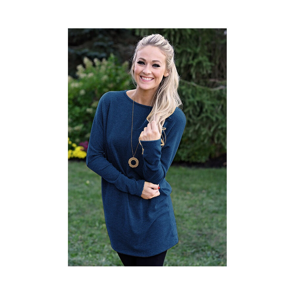 (Blue,Tag S=US XXS)Robe pull femme en tricot uni col O ample automne hiver décontractée mini robes