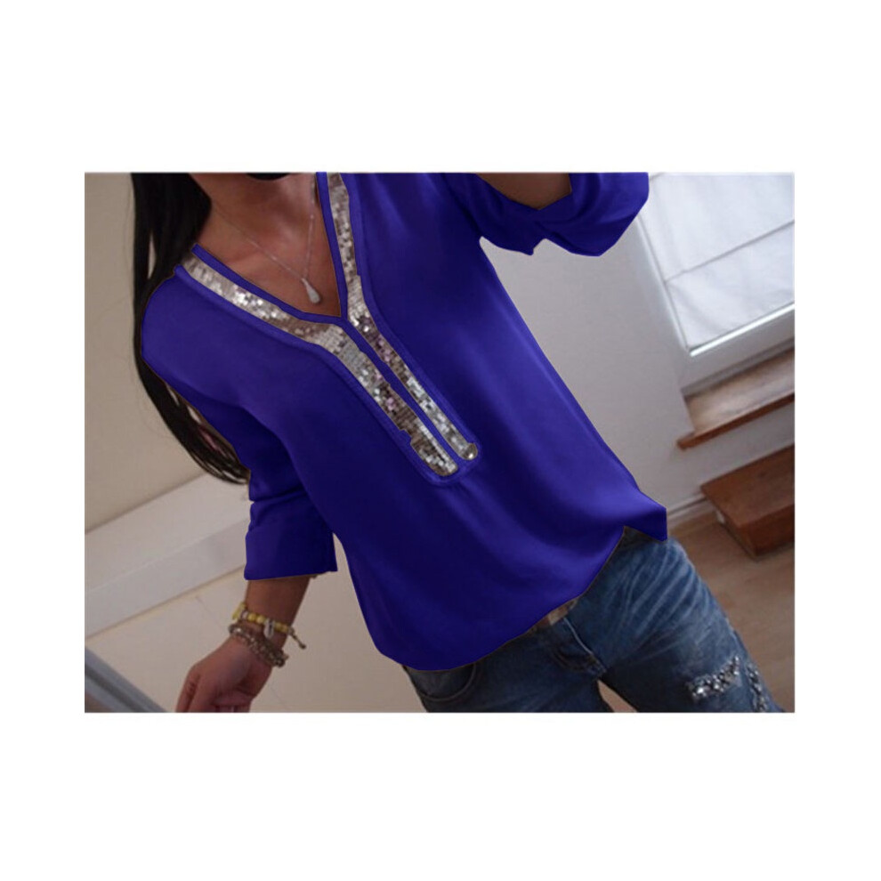 (Blue,Tag 3XL=US XL)Chemisier femme manches longues paillettes col v chemisier femme décontracté t shirt taille plus