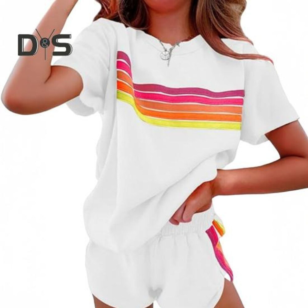 (white, L) 2Pcs/Set Women Outfit O-Neck Short Sleeve T-shirt Elastic Waist Wide Leg Shorts Set Patchwork Color Street Style Outfit