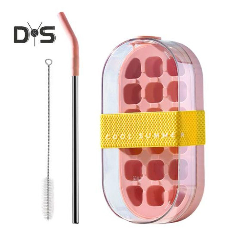 (pink, With straw) Water Bottle Ice Tray with Straw One-Click Release 2-in-1 Ice Cube Mold & Kettle Portable Water Bottle Vertical Ice Cube Tray for Freezer