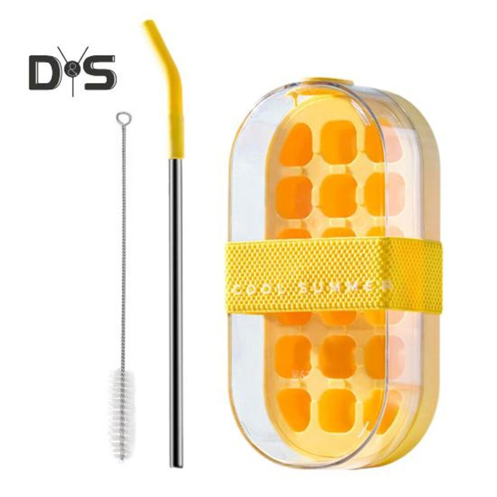 (yellow, With straw) Water Bottle Ice Tray with Straw One-Click Release 2-in-1 Ice Cube Mold & Kettle Portable Water Bottle Vertical Ice Cube Tray for Freezer