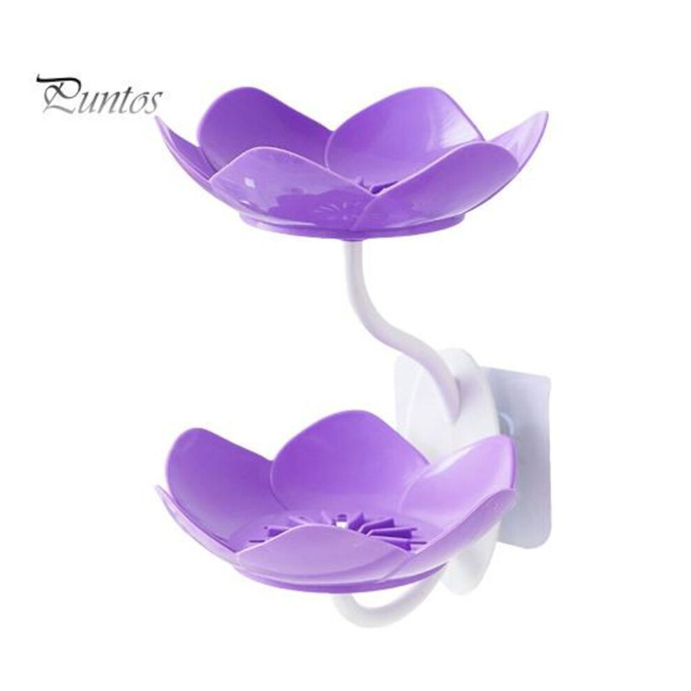 (purple) Bathroom Soap Dish Self Draining Removable Double Layer Suction Cup Wall Mounted Shower Soap Sponge Holder