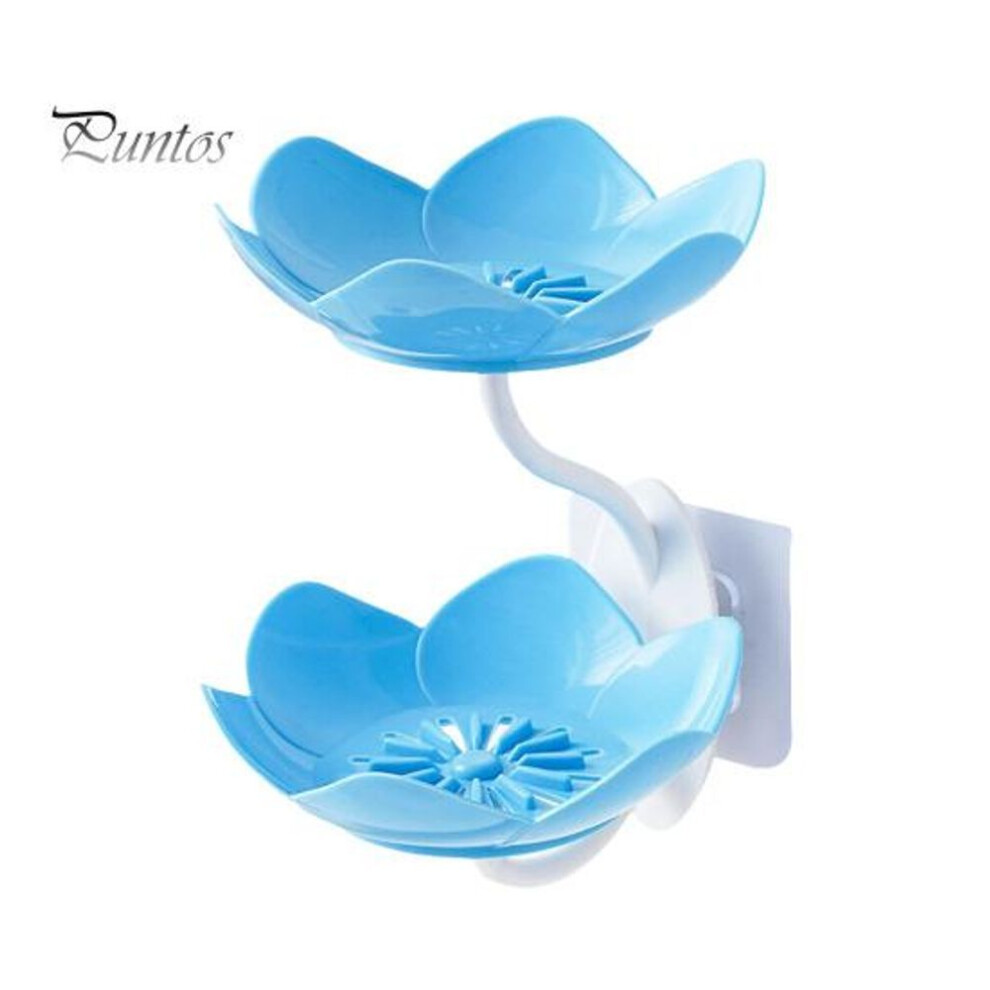 (blue) Bathroom Soap Dish Self Draining Removable Double Layer Suction Cup Wall Mounted Shower Soap Sponge Holder