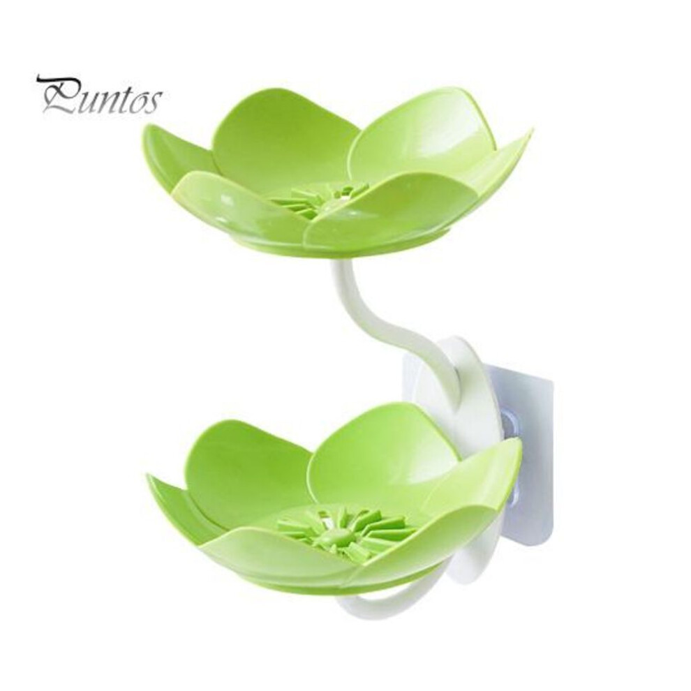 (green) Bathroom Soap Dish Self Draining Removable Double Layer Suction Cup Wall Mounted Shower Soap Sponge Holder