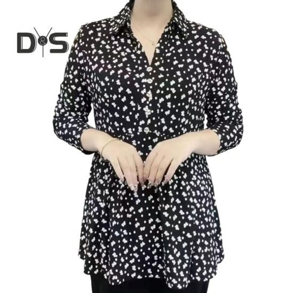 (L, white) Women Pullover Tops Lapel V neck Buttons Half Placket Long Sleeve Shirt Floral Print Mid aged Mom Shirt