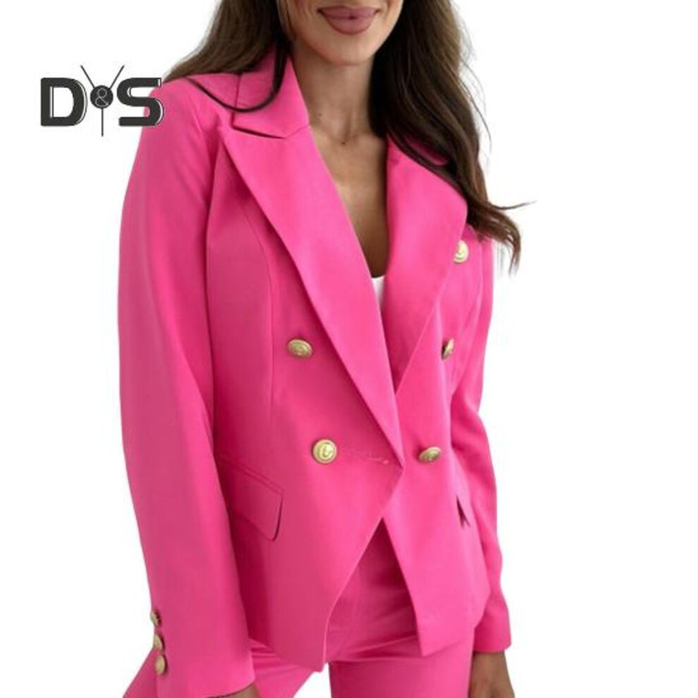 (rose red, XL) Women Suit Coat Lapel Long Sleeve Double Breasted Suit Jacket with Flap Pockets Solid Color Loose Fit Office Lady Outwear