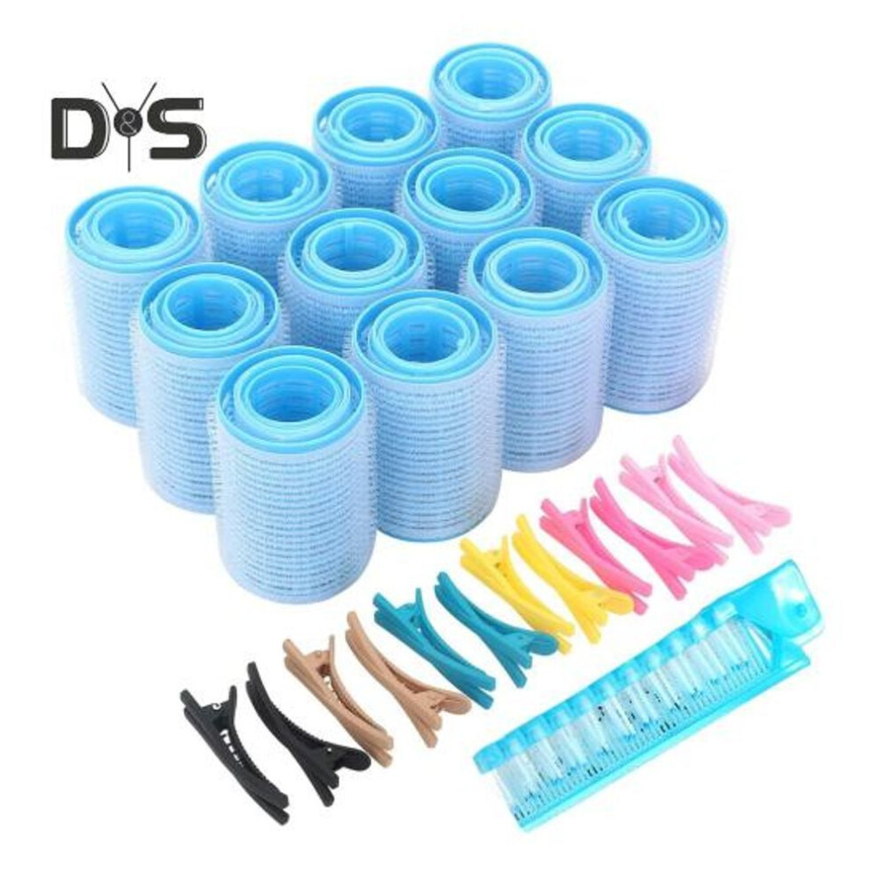 (blue) 36Pcs/Set Self Grip Hair Roller with Duckbilled Clip Folding Brush 3 Sizes No Heat Short Medium Long Hair Curler Women Hair Styling Tools