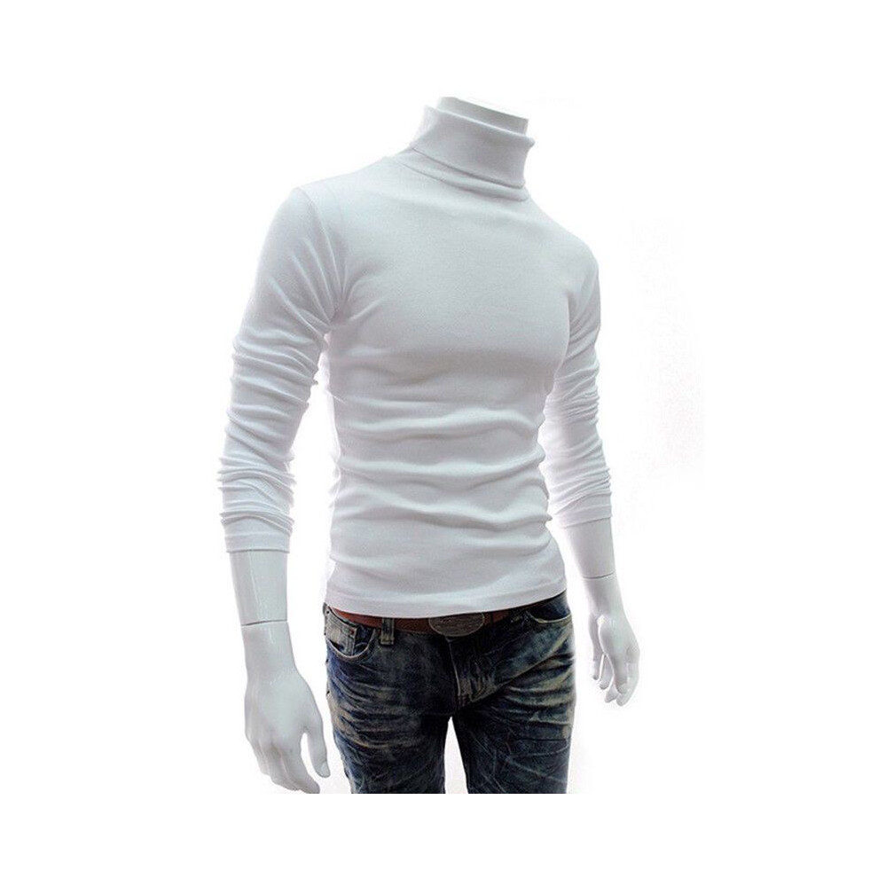 (White,M)Pull homme col haut col roulé manches longues stretch chemises chaudes pull