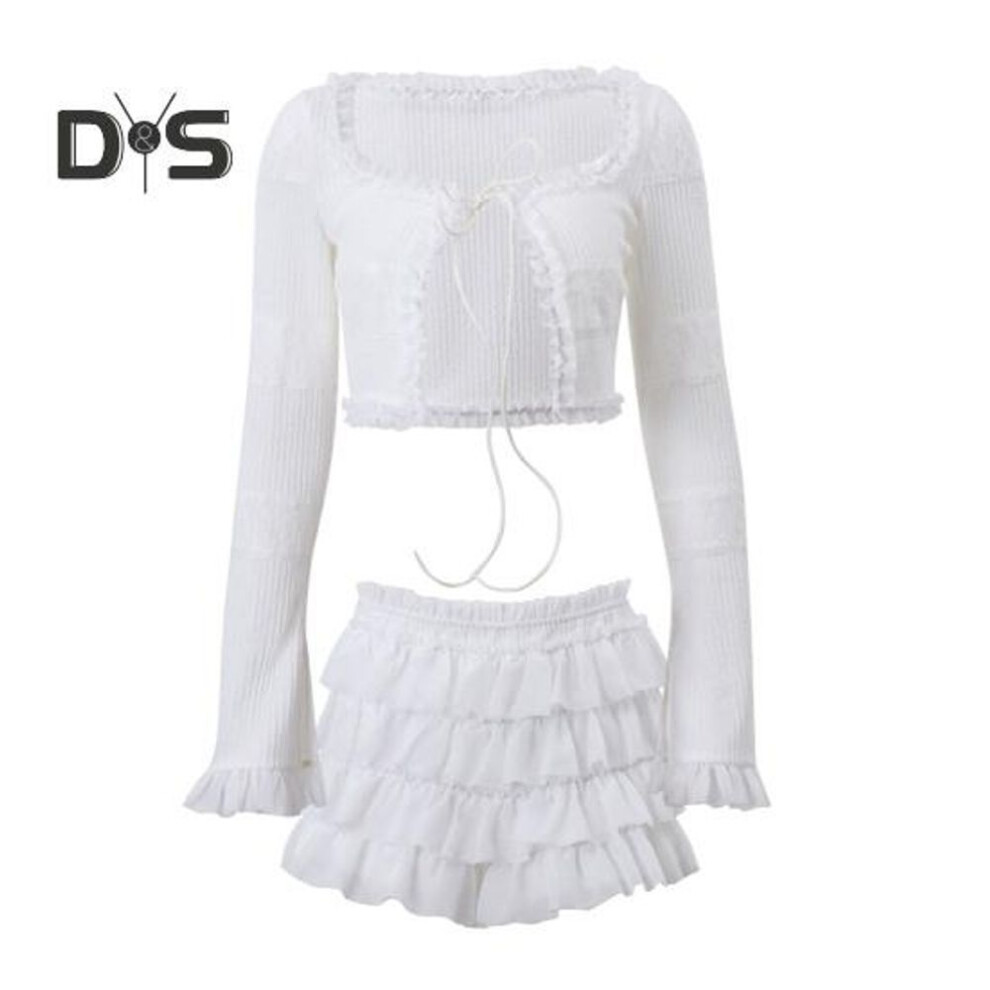 (white, S) Women Sexy Two Pieces Mini Skirts Set Low Rise Ruffle Tiered Skirt Short Flared Long Sleeve Tie-up Crop Top Set Party Club Outfit