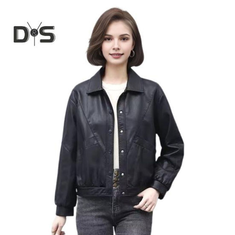 (black, L) Women Jacket Faux Leather Smooth Surface Turn-down Collar Single-breasted Long Sleeves Pockets Retro Motorcycle Coat Office Commuting Travel Outerwear