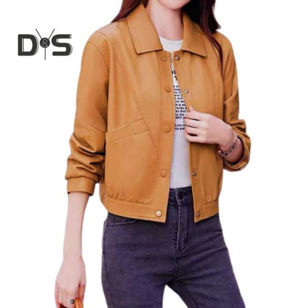 (brown, XXXL) Women Jacket Faux Leather Smooth Surface Turn-down Collar Single-breasted Long Sleeves Pockets Retro Motorcycle Coat Office Commuting Travel Outerwear