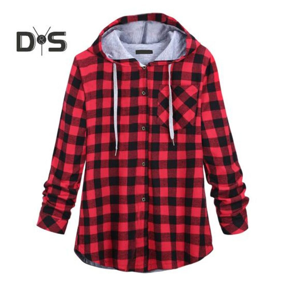 (red, XL) Lady Coat Hooded Plaid Print Drawstring Single-breasted Chest Pocket Shirt Cardigan Long Sleeves Autumn Winter Csual Office Wear Hoodie