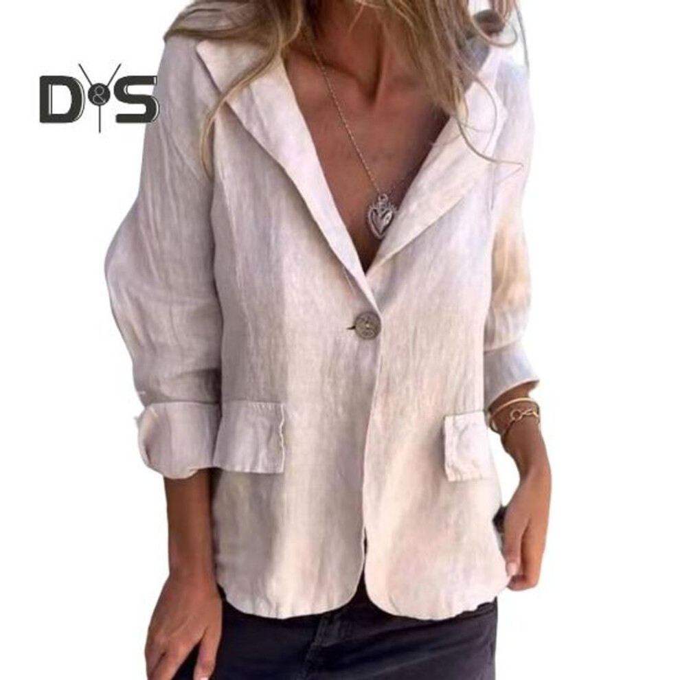 (khaki, S) Women Suit Coat Lapel V-neck Long Sleeve Solid Color Suit Jacket Spring Autumn Solid Color Flap Pockets Business Outwear
