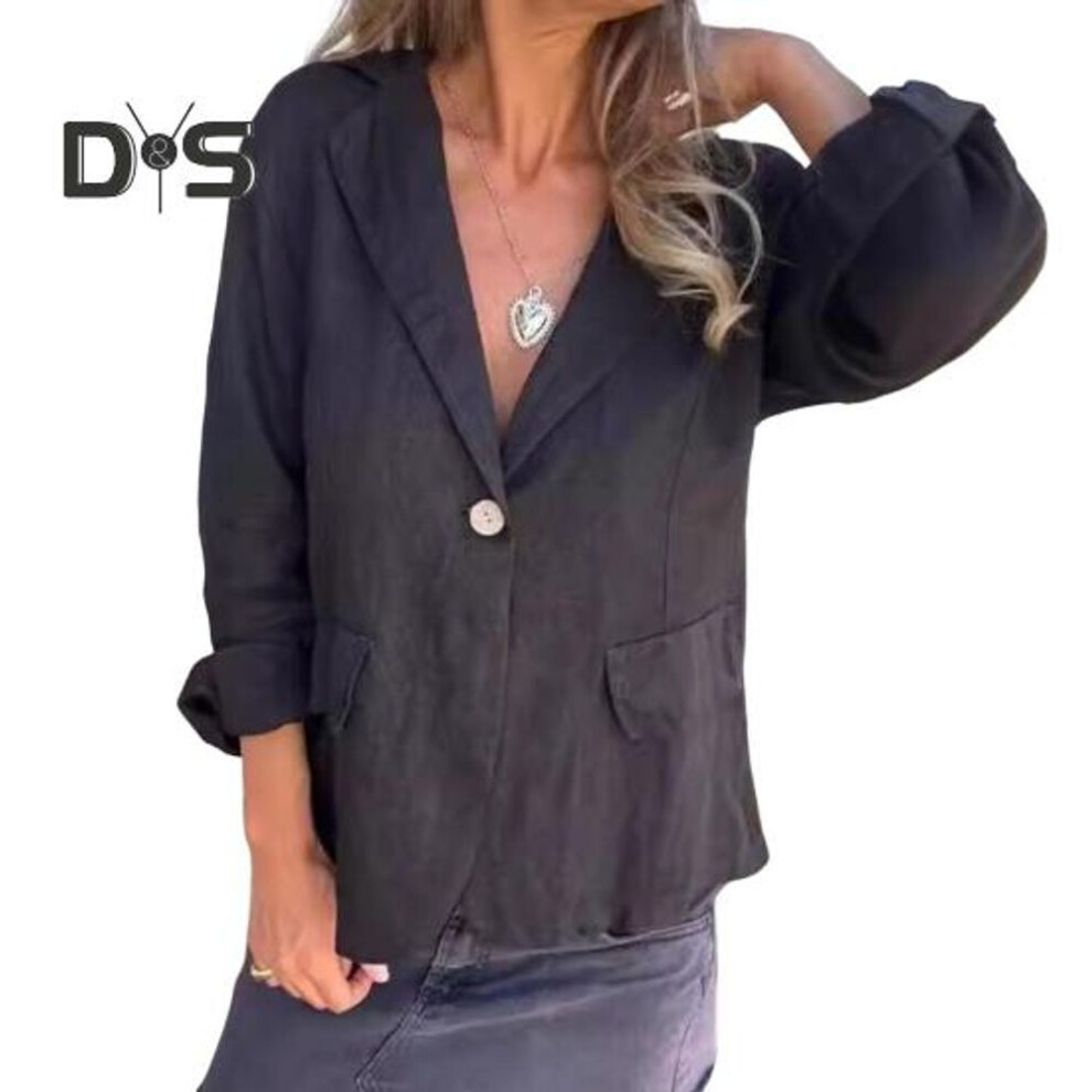 (black, M) Women Suit Coat Lapel V-neck Long Sleeve Solid Color Suit Jacket Spring Autumn Solid Color Flap Pockets Business Outwear