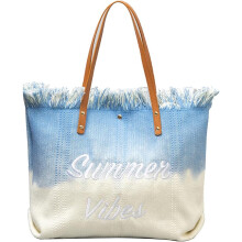 Sky Blue Bohemian Canvas Tote Bag Large Capacity Beach Travel Shoulder Bag with Colorful Knitted Details Spacious Everyday Handbag