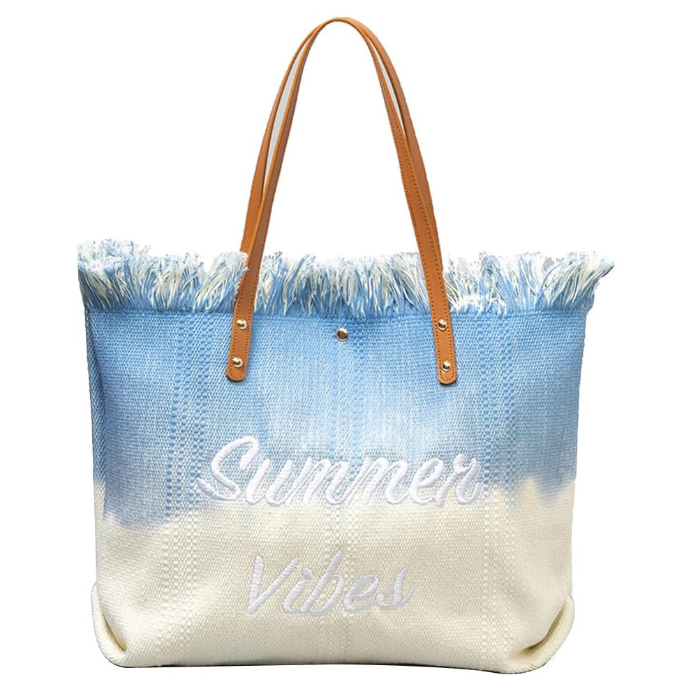 Summer Beach Bag Bohemian Tote Bag Large Shoulder Bag Casual Handbag Colourful Knitted Bag for Travel Holiday Beach Daily Use, sky blue