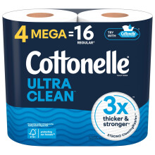 Papel higi   nico Cottonelle Ultra Clean, 4 rollos grandes (4 rollos grandes = 16 rollos regulares), 284 hojas por rollo (el empaque puede variar)