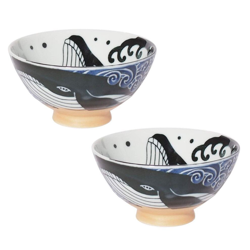 Minoru Touki White Wave Whale Blue Keramische Rijstkom, Klein, Set Van 2 (4,4?H2,4 Inch, 11,29 Oz)-image