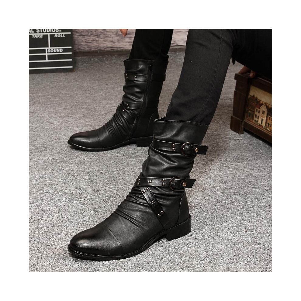 (EU44=Foot Length27cm)Bottes en cuir homme Martin Pu moto chevalier punk chaussures extérieur antidérapant