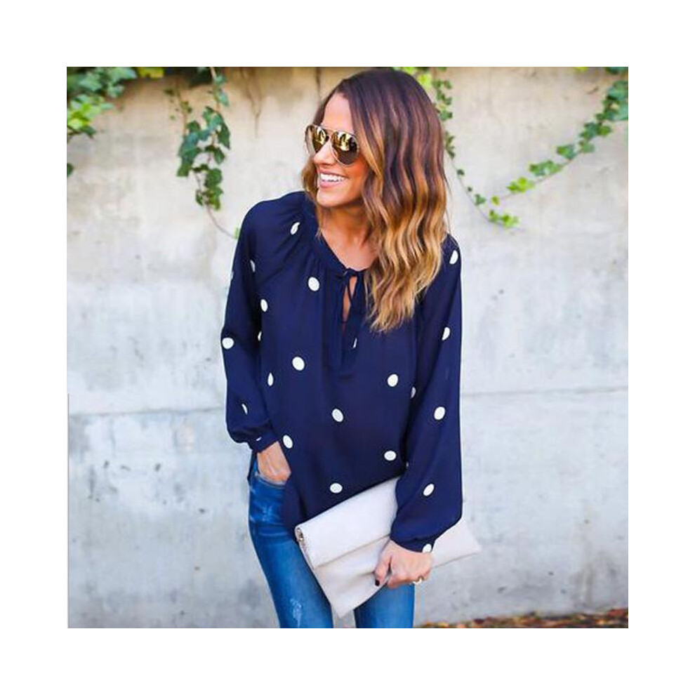 (Tag S=US XXS)Chemise décontractée à pois bleu ample à manches longues col O pour femme chemisier