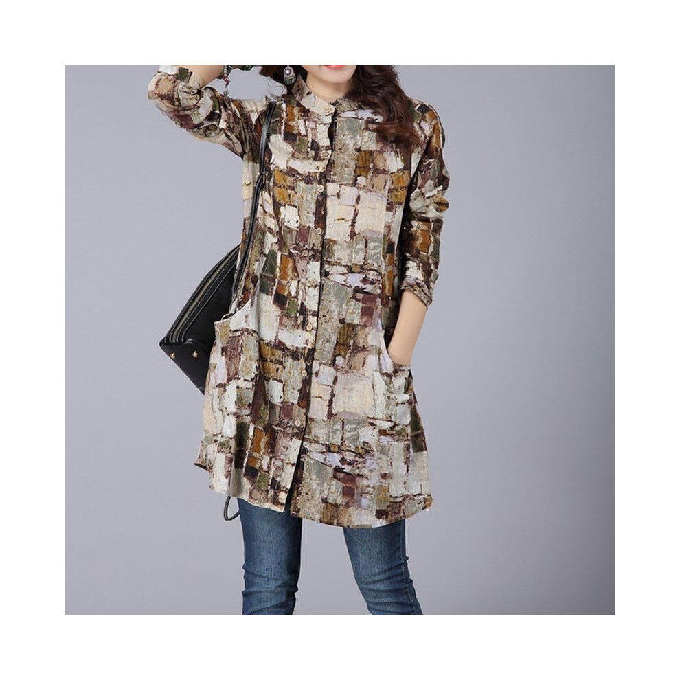 (Coffee,M)Chemisier femme mode coton automne manches longues vintage décontracté chemise imprimé