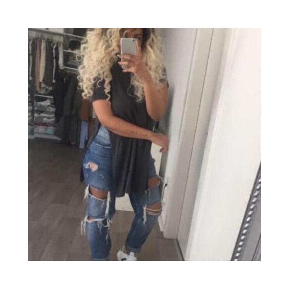 (Black,XL)Tshirt long femme col rond manches courtes hauts fendus robe décontractée chemises pour femmes