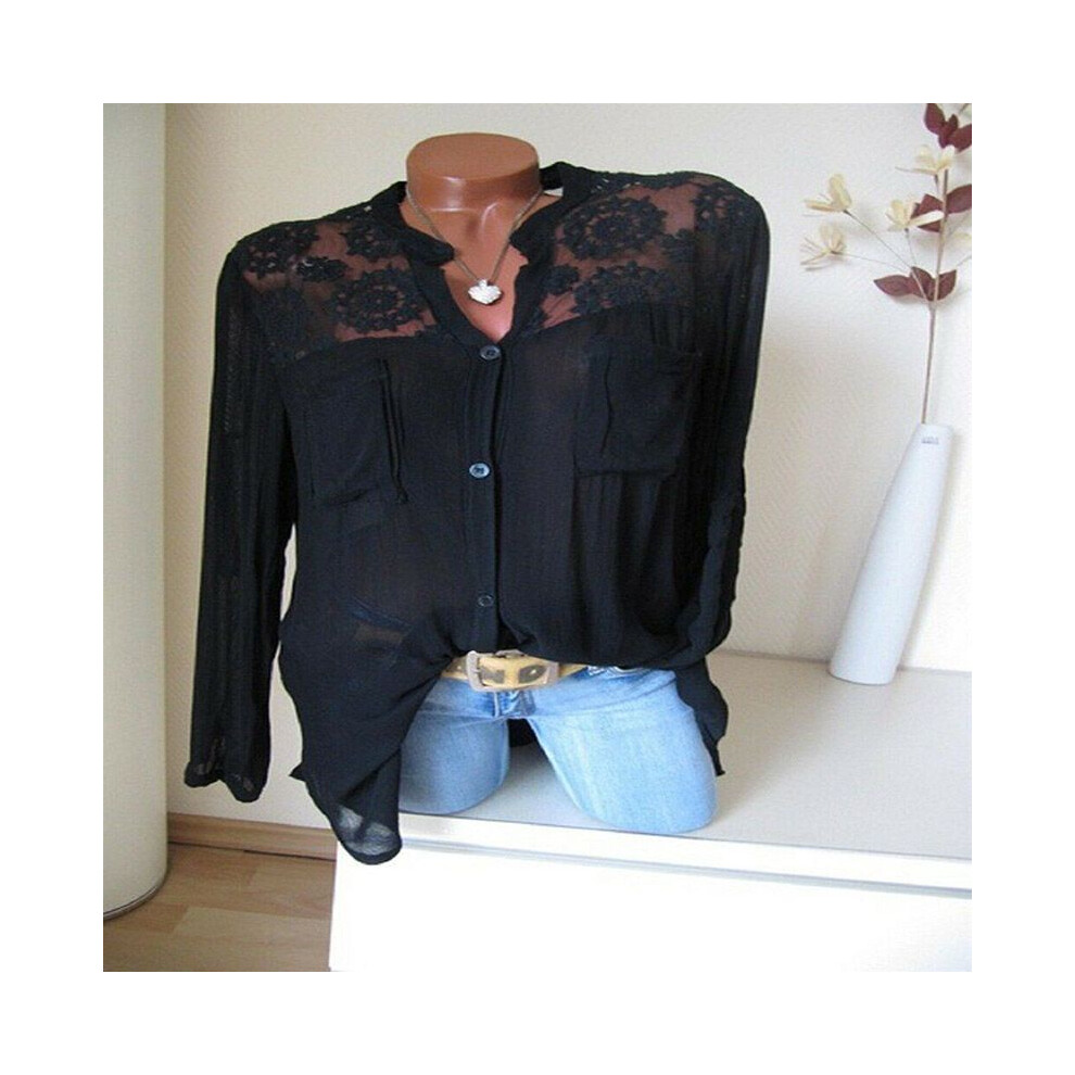 (Black,XL)Tshirt décontracté femme grande taille col V dentelle épissée femme été ample chemisier haut