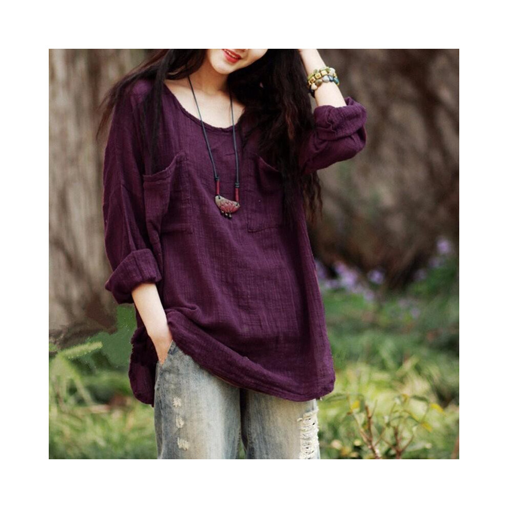 (Purple,M)Chemisier femme Hauts Chemise manches longues coton lin oversize ample baggy