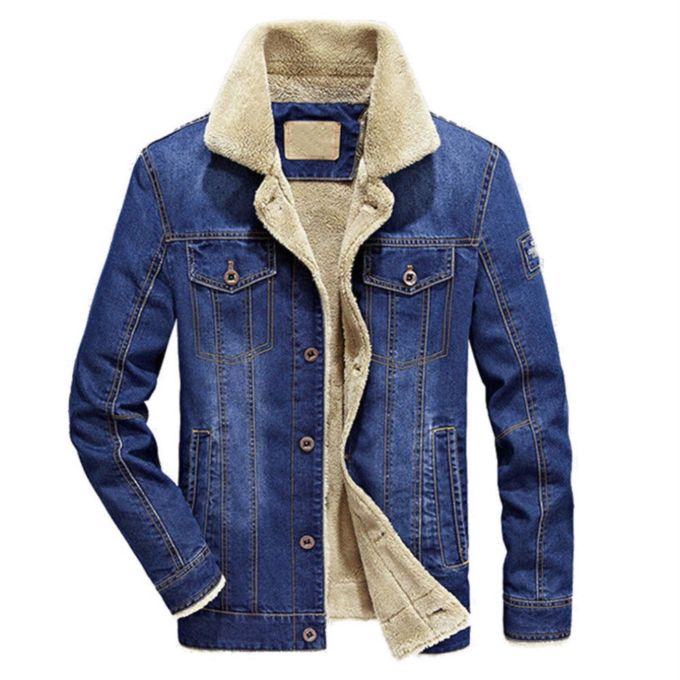(Blue,L)Veste en jean homme col fourrure doublé mode décontracté denim hiver chaud manteau M6xl