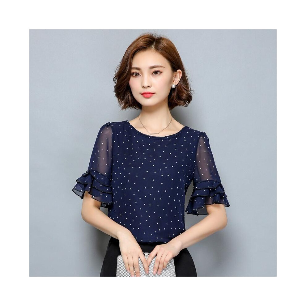 (Blue,Tag XL=US M)Hauts d'été femme imprimé à pois manches courtes trompette été décontracté chemise hauts