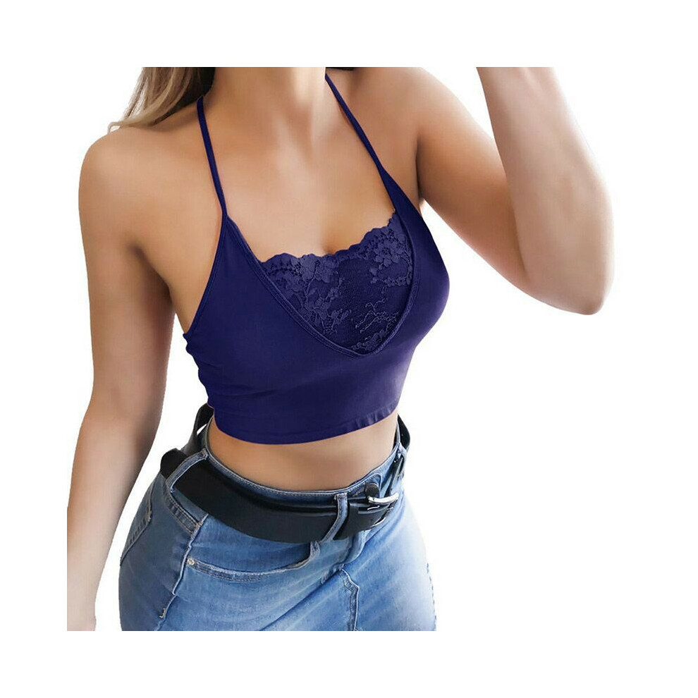 (Navy,3XL)Débardeurs crop top femme sexy bretelles spaghetti dos croisé dentelle camisole clubwear