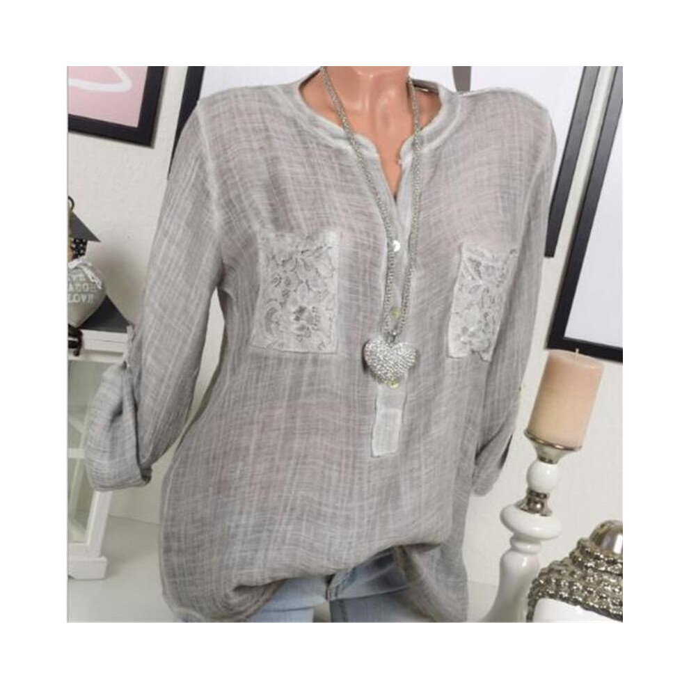 (Grey,XXXL)Chemise dentelle automne femme col long chemisier ample manches grande taille S5xl