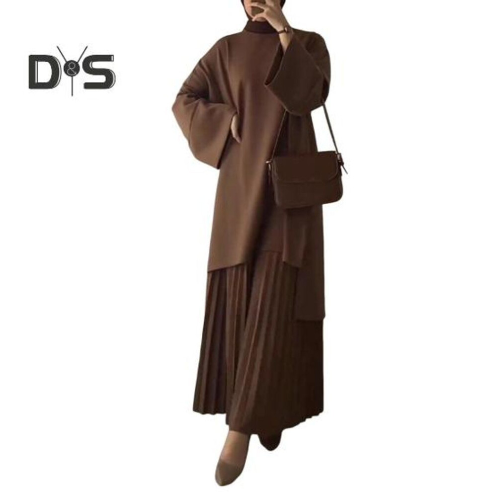 (camel, M) 2 Pcs/Set Fall Spring Women Retro Top Skirt Set Crew Neck Long Sleeves Mid Length Top Pleated A-line Loose Maxi Skirt Commuting Dating Outfit