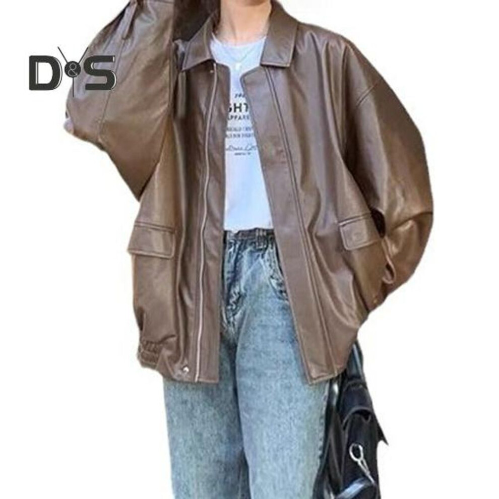 (brown, M) Women Jacket Faux Leather Smooth Surface Turn-down Collar Zip-up Long Sleeves Elastic Hem Pockets Retro Motorcycle Coat