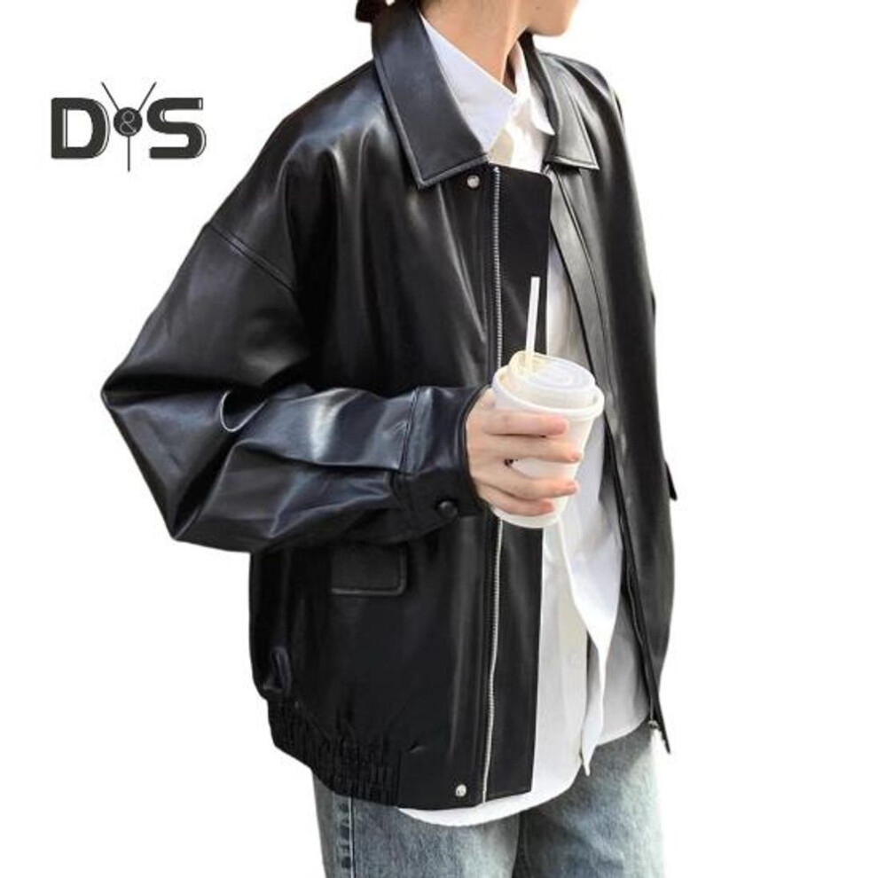 (black, L) Women Jacket Faux Leather Smooth Surface Turn-down Collar Zip-up Long Sleeves Elastic Hem Pockets Retro Motorcycle Coat