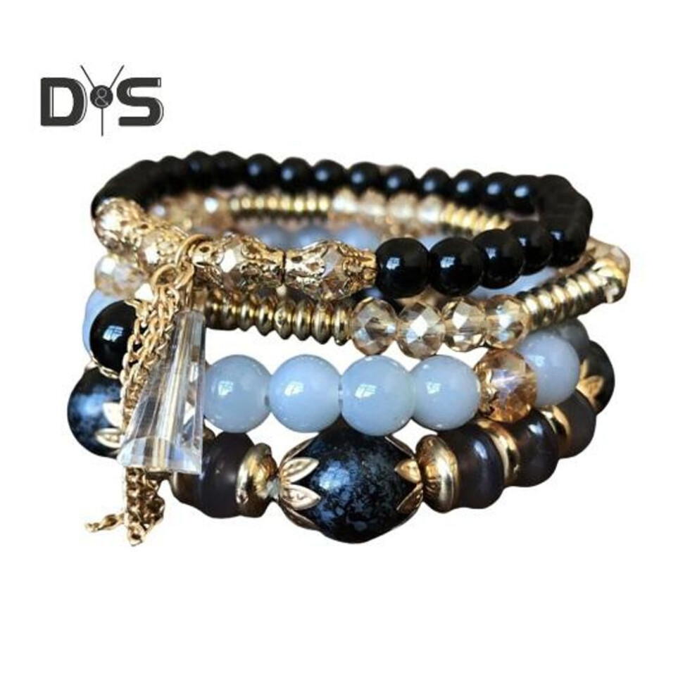 (lake blue) 5 Pcs Women Bracelets Faux Crystal Smooth Multi Pendant Jewelry Retro Bohemian Style With Elastic Cord Multi-layered Stackable Bracelet Set