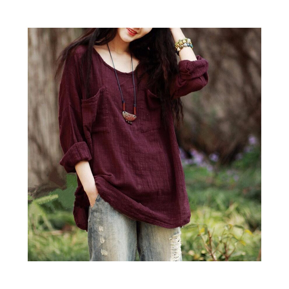 (Wine red,S)Chemisier femme Hauts Chemise manches longues coton lin oversize ample baggy