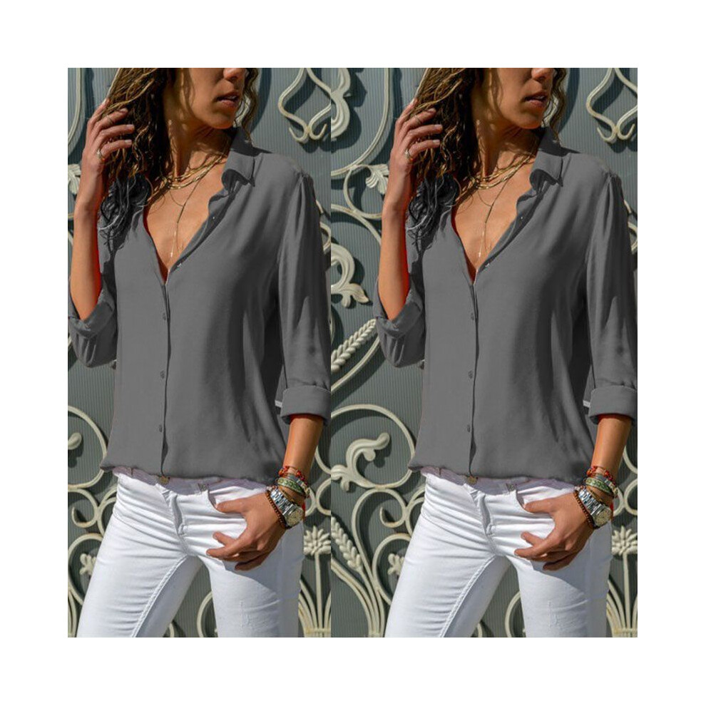 (Gray,Tag S=US XXS)Chemise robe chemisier de bureau boutonné manches longues couleur unie mode femme