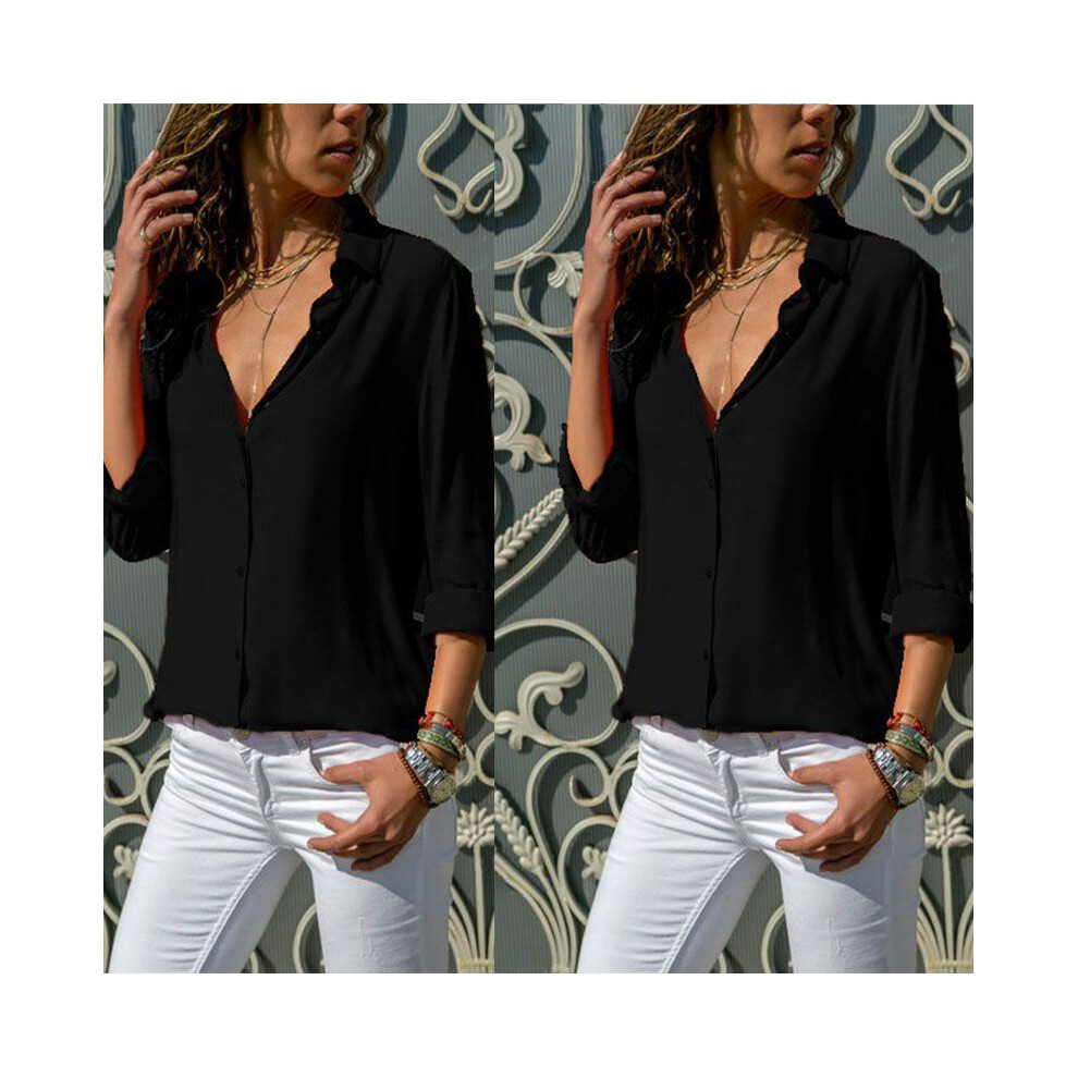 (Black,Tag XL=US M)Chemise robe chemisier de bureau boutonné manches longues couleur unie mode femme